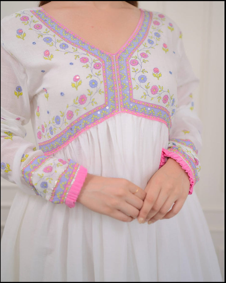 PINK-WHITE FLORAL COTTON 60-60 ANARKALI SUIT