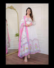 PINK-WHITE FLORAL COTTON 60-60 ANARKALI SUIT