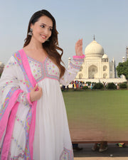 PINK-WHITE FLORAL COTTON 60-60 ANARKALI SUIT