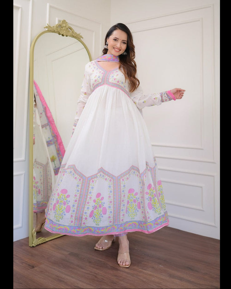 PINK-WHITE FLORAL COTTON 60-60 ANARKALI SUIT