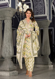 Off White Floral Print Dupatta Suit Set With V Neck