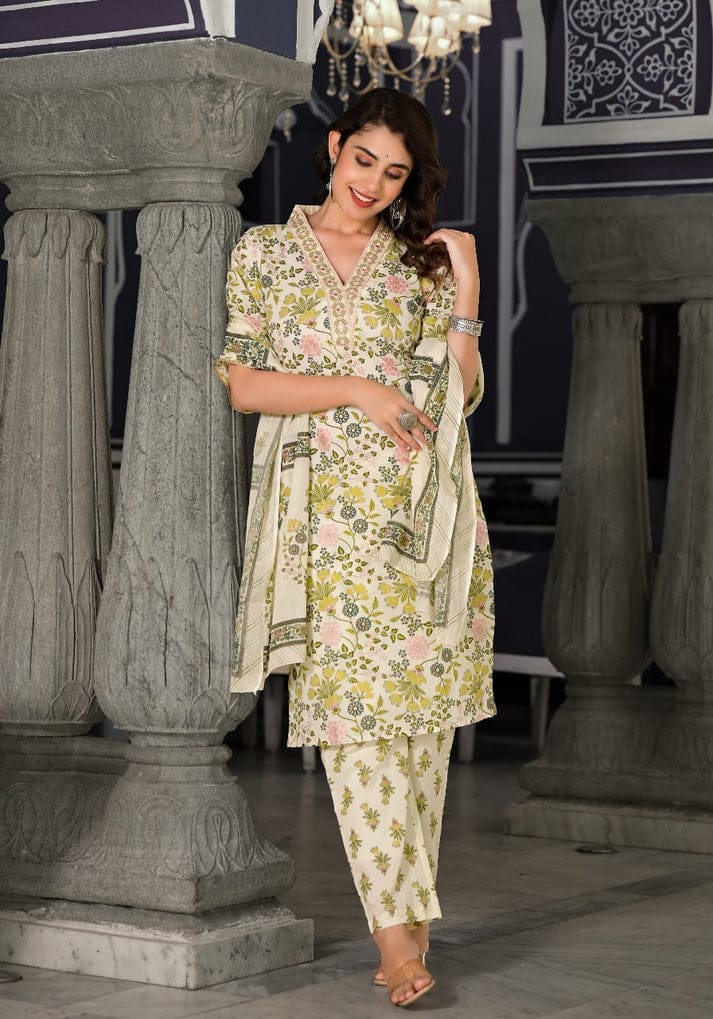 Off White Floral Print Dupatta Suit Set With V Neck