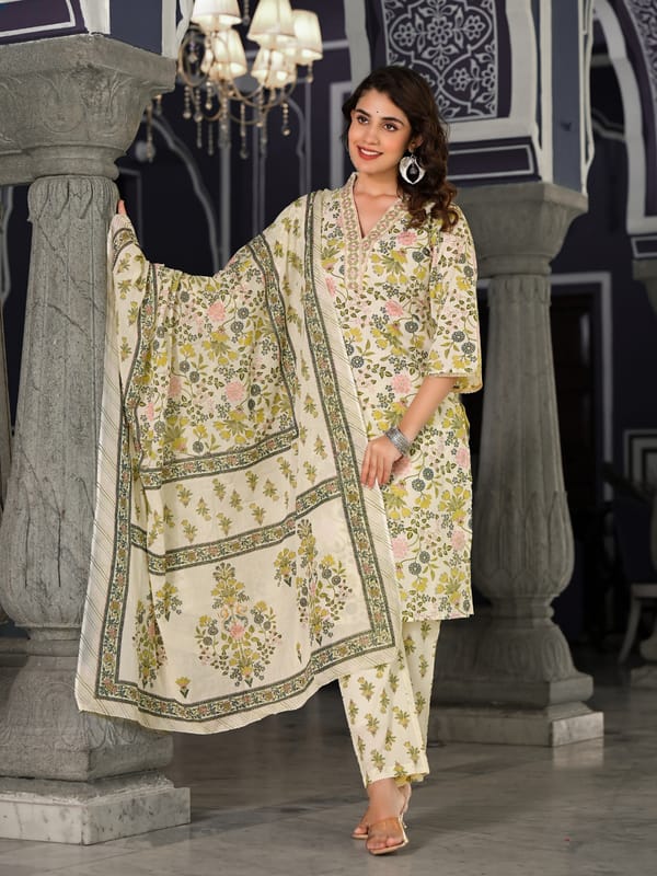 Off White Floral Print Dupatta Suit Set With V Neck