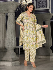 Off White Floral Print Dupatta Suit Set With V Neck