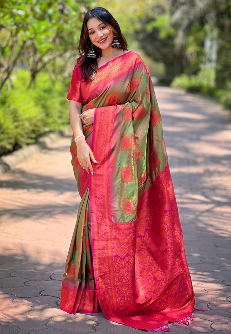 Soft Silk Saree with Rose Gold and Meenakari motifs