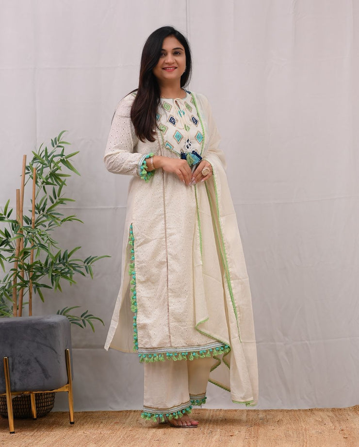 Cotton Sciffili Embroidered Kurti Pant Dupatta set