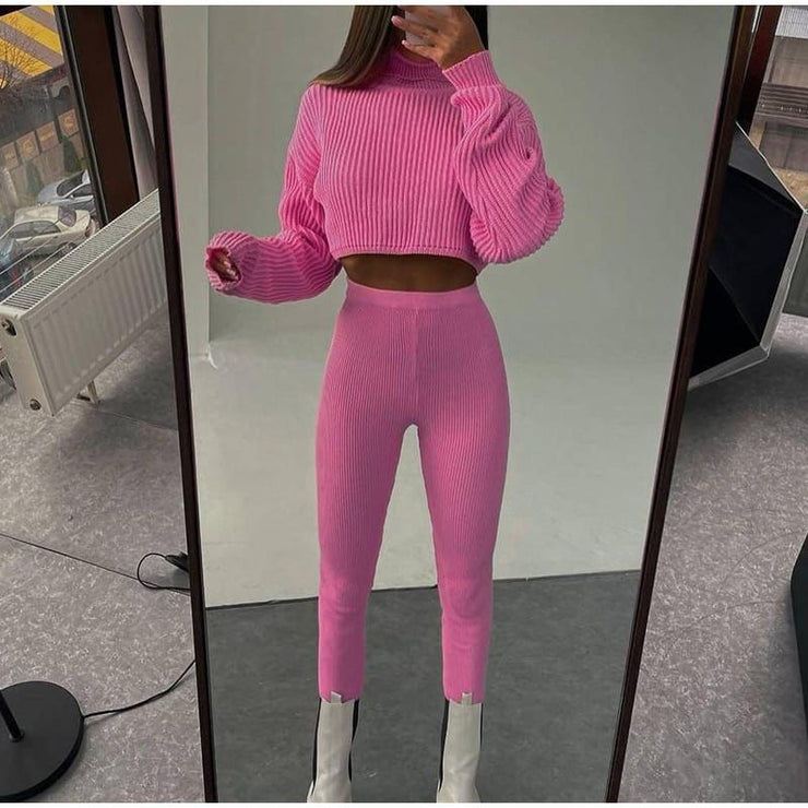 Imported Crop Highneck Knitted Two Piece Set