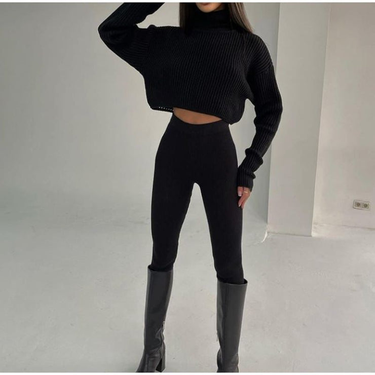 Imported Crop Highneck Knitted Two Piece Set