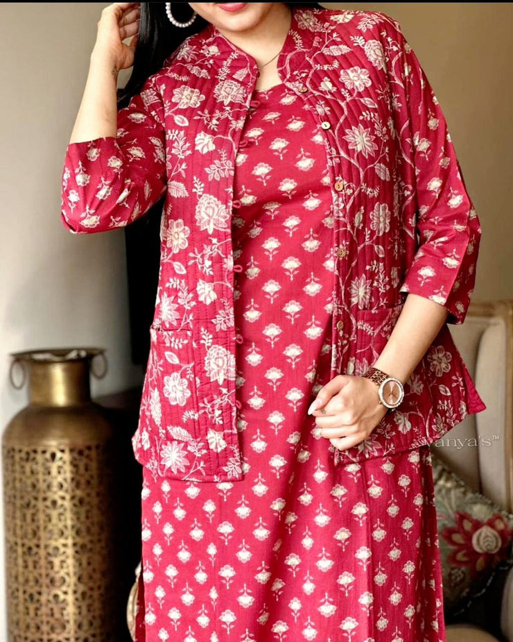 Latest Red Cotton Ladies Suit with Jacket