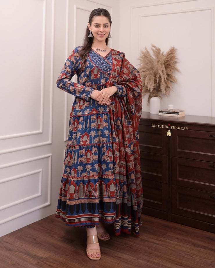 Printed Long gown Kurti With Pant And Dupatta