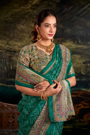 Green Silk Saree: Fusion Of Madhubani and Bandhej