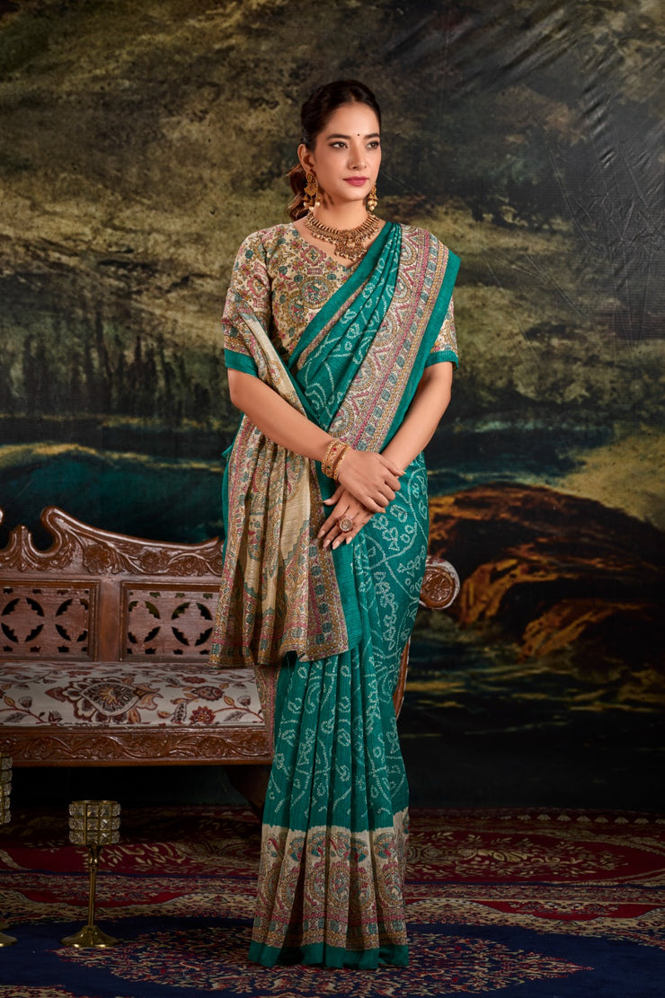 Green Silk Saree: Fusion Of Madhubani and Bandhej