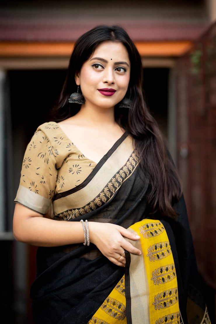 Fancy Linen Black Printed Saree