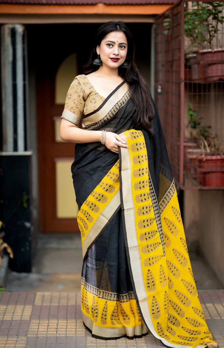 Fancy Linen Black Printed Saree