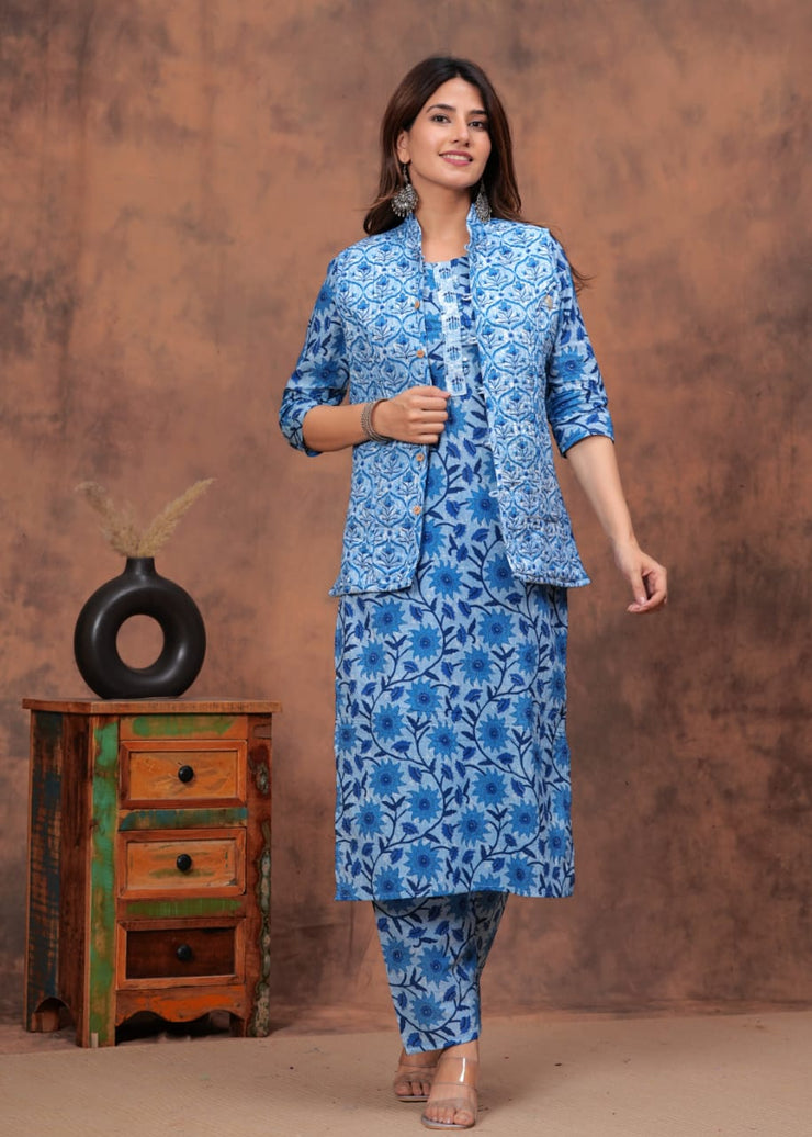 Winter Special Straight Kurti, Pant With Ethnic Jaipuri Jacket (Both Side)