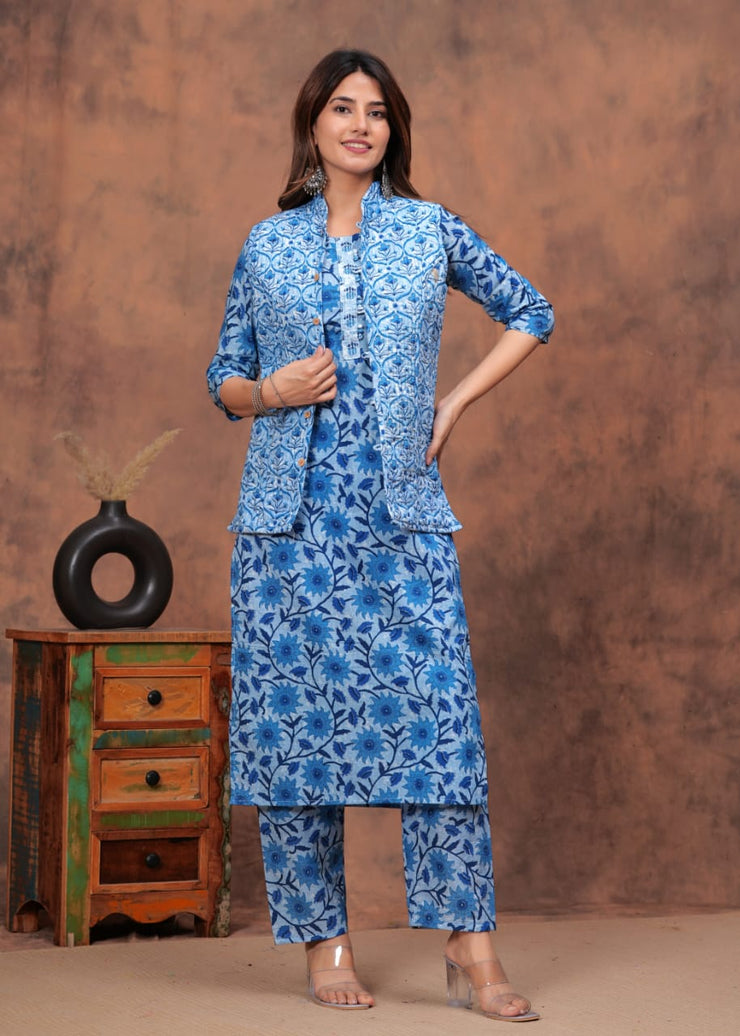 Winter Special Straight Kurti, Pant With Ethnic Jaipuri Jacket (Both Side)