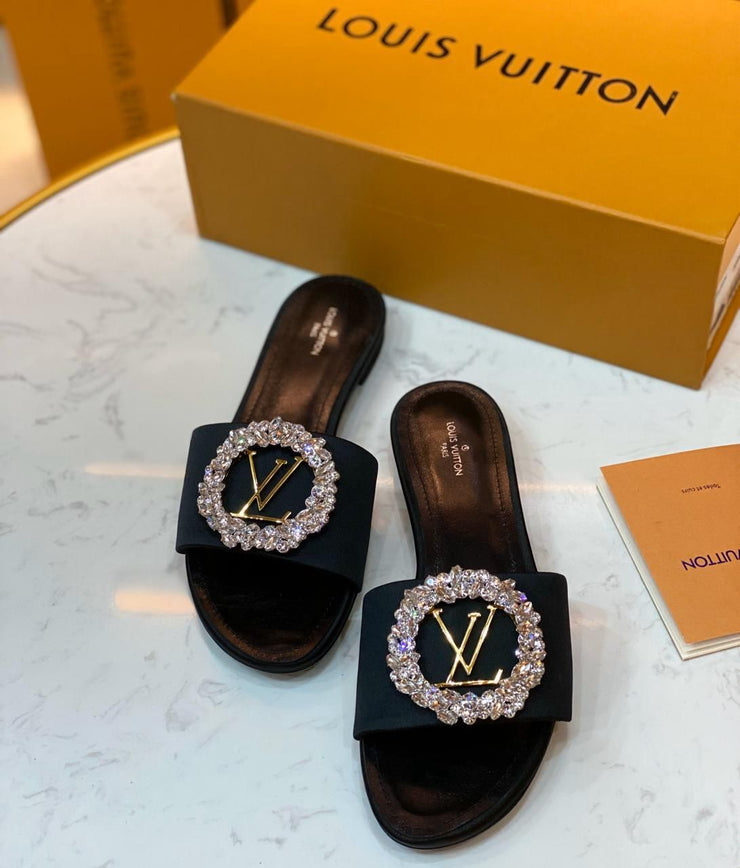 Louis Vuitton Black Satin Madeleine Flat Slides