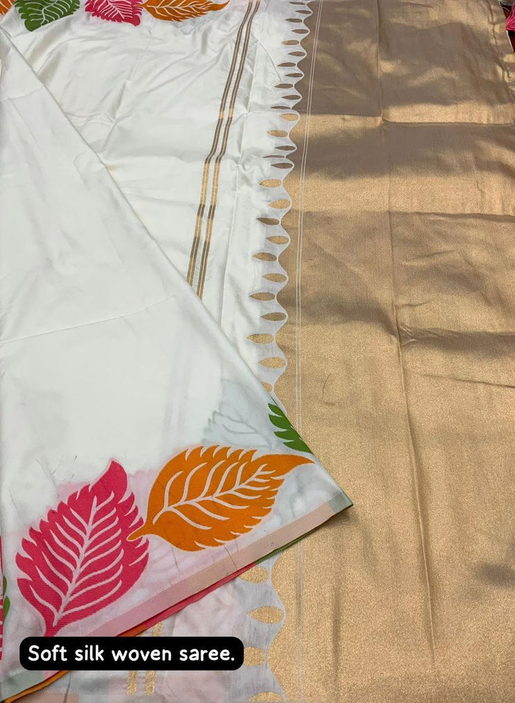 Soft Silk Multi-Colour Leaf Woven Design with Zari Woven Pallu