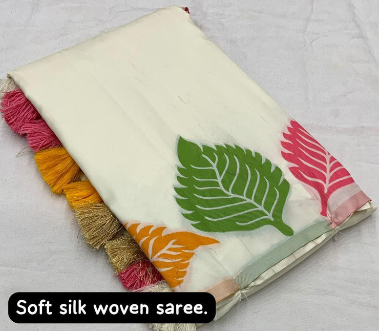 Soft Silk Multi-Colour Leaf Woven Design with Zari Woven Pallu