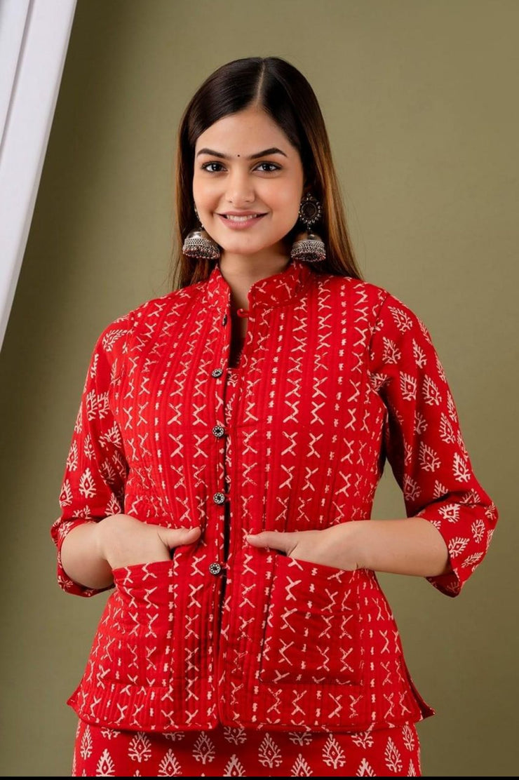 Winter Kurti Pant Set With Reversible Quilted Cotton Jacket