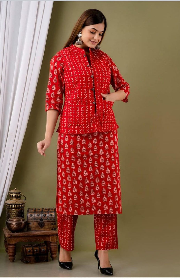 Winter Kurti Pant Set With Reversible Quilted Cotton Jacket