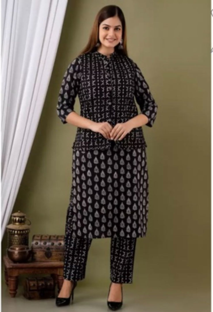 Winter Kurti Pant Set With Reversible Quilted Cotton Jacket