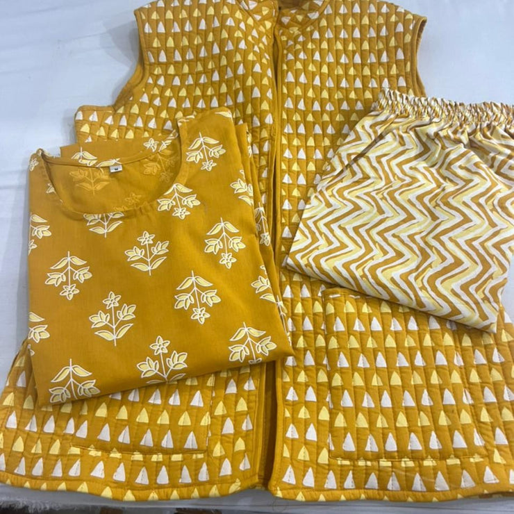 Winter Kurti Pant Set With Reversible Quilted Cotton Jacket