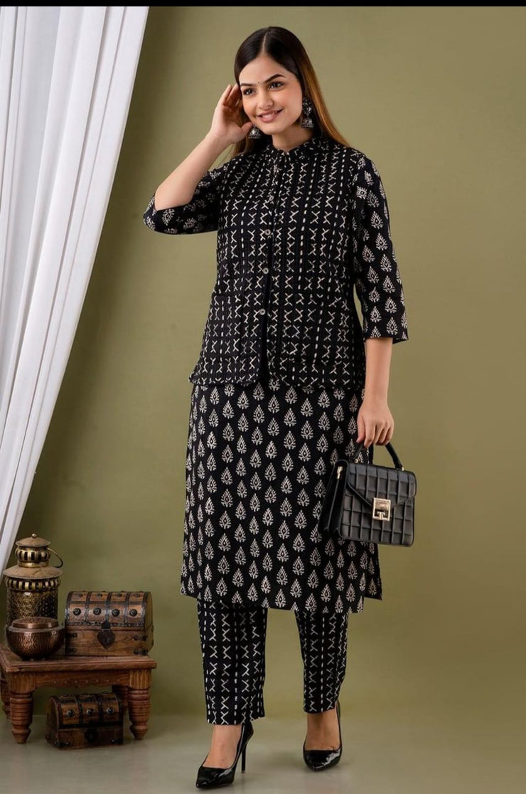 Winter Kurti Pant Set With Reversible Quilted Cotton Jacket