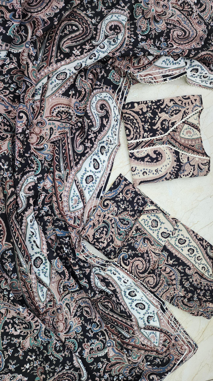 Black Paisley Print Cotton Suit Set