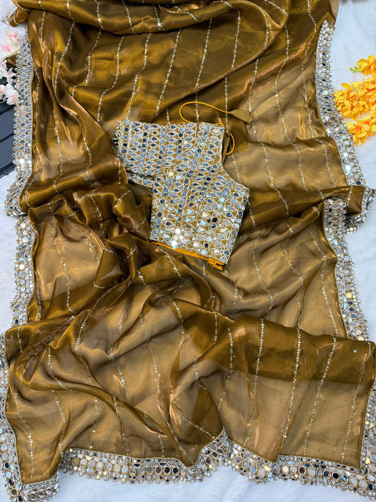 Soft Satin Organza saree with real mirror work