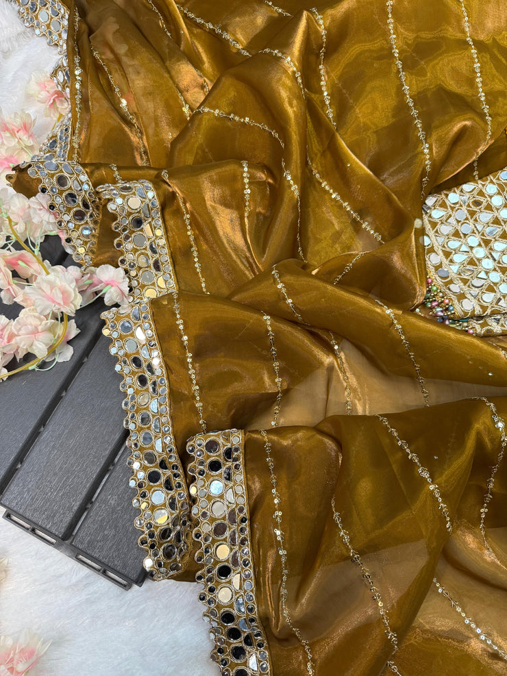 Soft Satin Organza saree with real mirror work