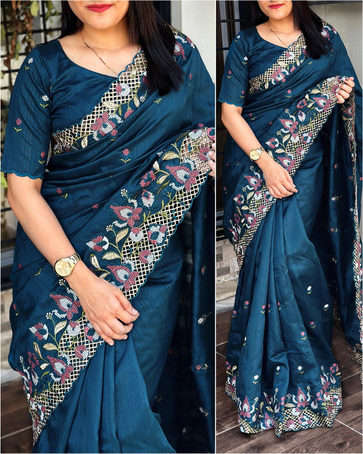 Stunning cut work visca slub silk Saree