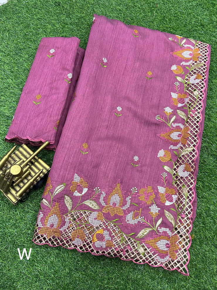 Stunning cut work visca slub silk Saree