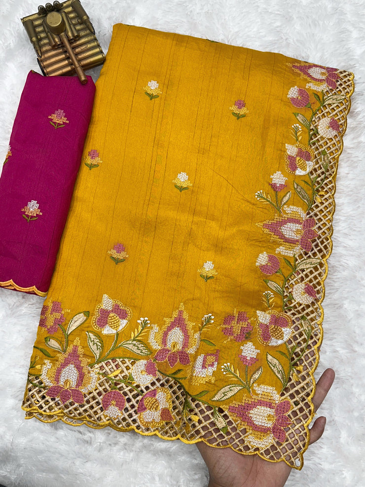 Stunning cut work visca slub silk Saree