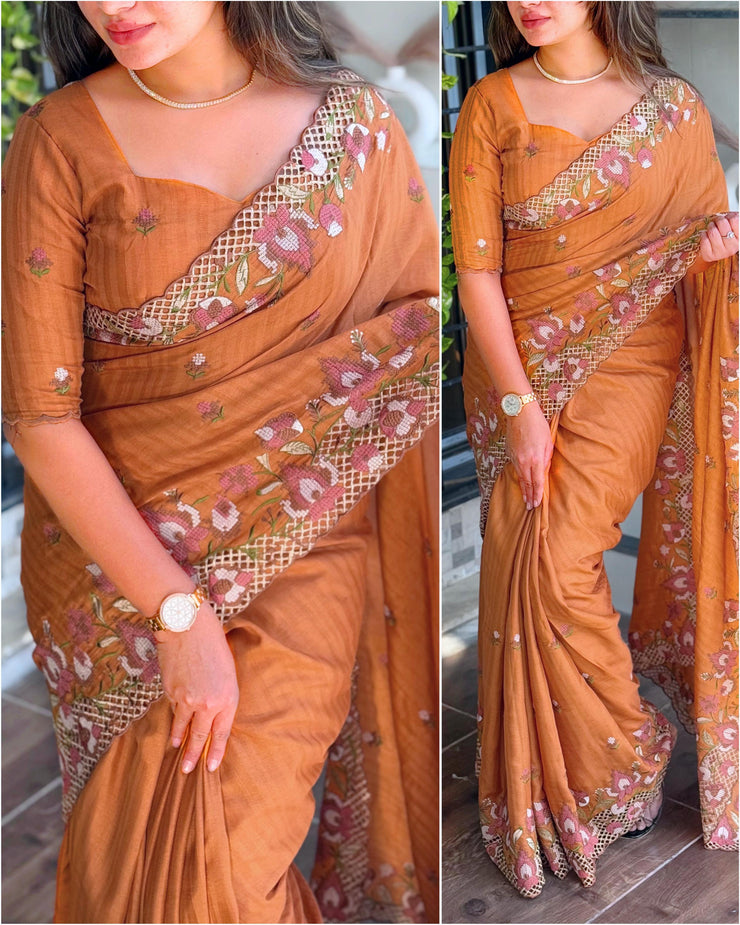 Stunning cut work visca slub silk Saree