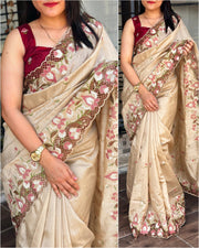 Stunning cut work visca slub silk Saree