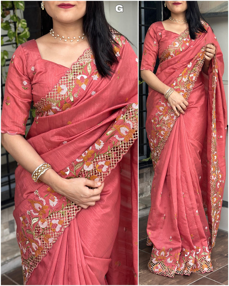 Stunning cut work visca slub silk Saree