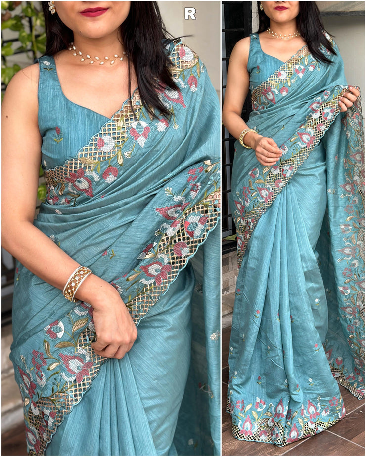 Stunning cut work visca slub silk Saree