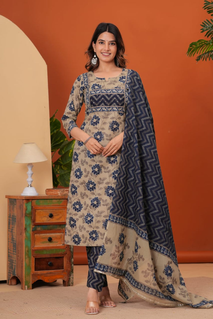 Cotton Straight Designer Kurti, Pant & Dupatta set