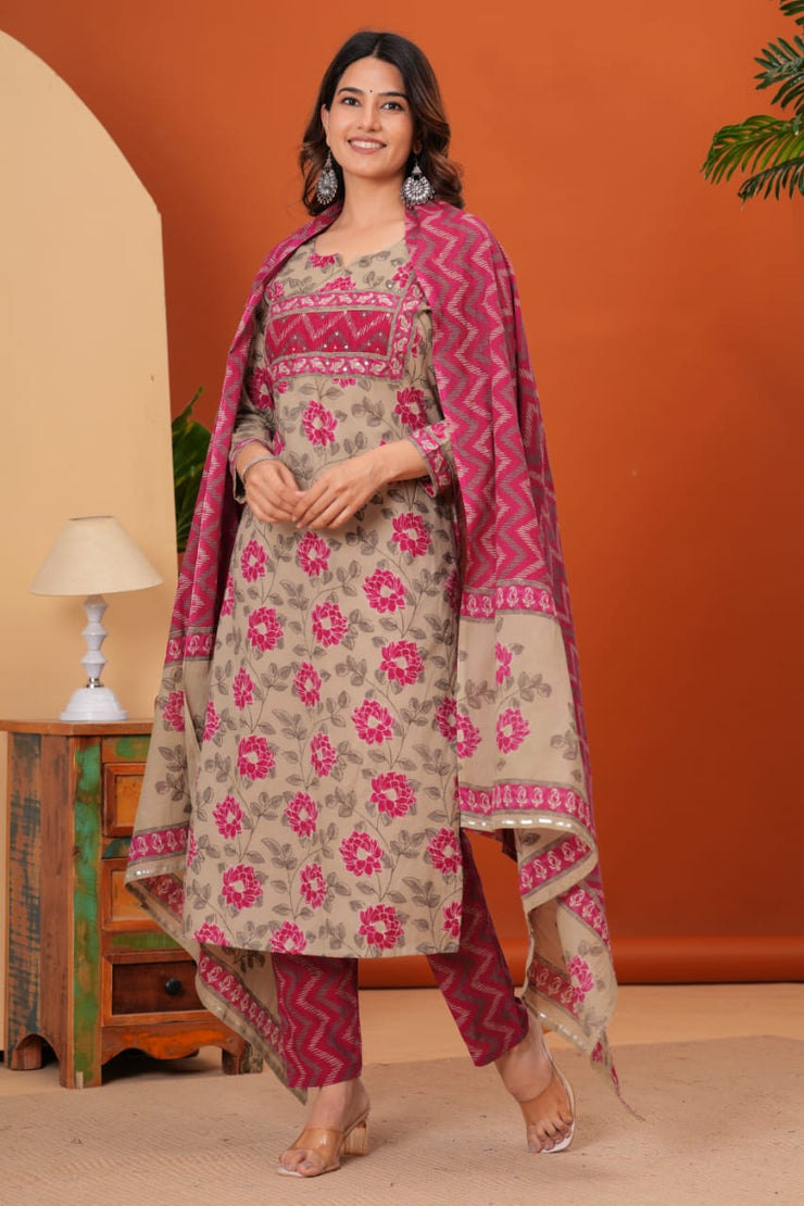 Cotton Straight Designer Kurti, Pant & Dupatta set