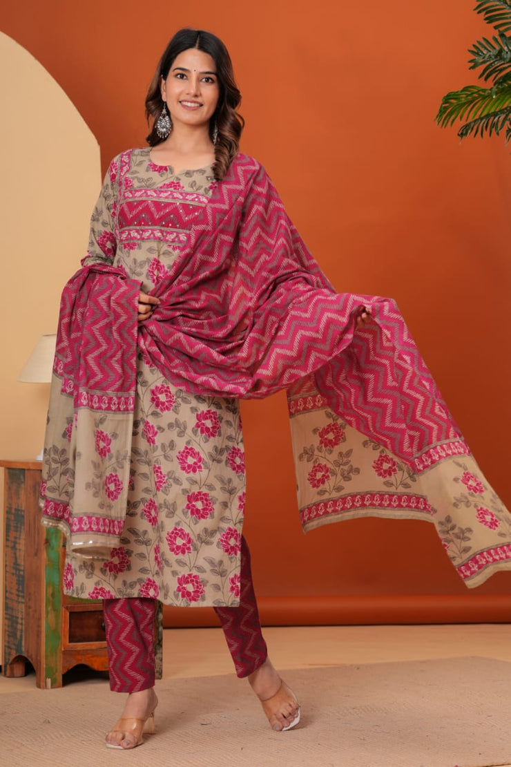 Cotton Straight Designer Kurti, Pant & Dupatta set