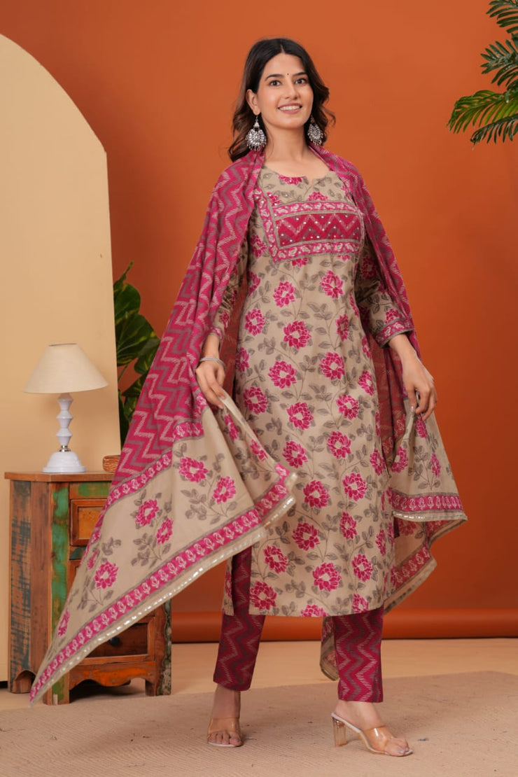 Cotton Straight Designer Kurti, Pant & Dupatta set