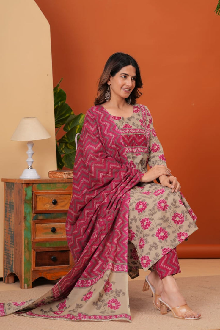 Cotton Straight Designer Kurti, Pant & Dupatta set