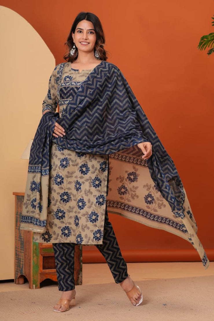 Cotton Straight Designer Kurti, Pant & Dupatta set