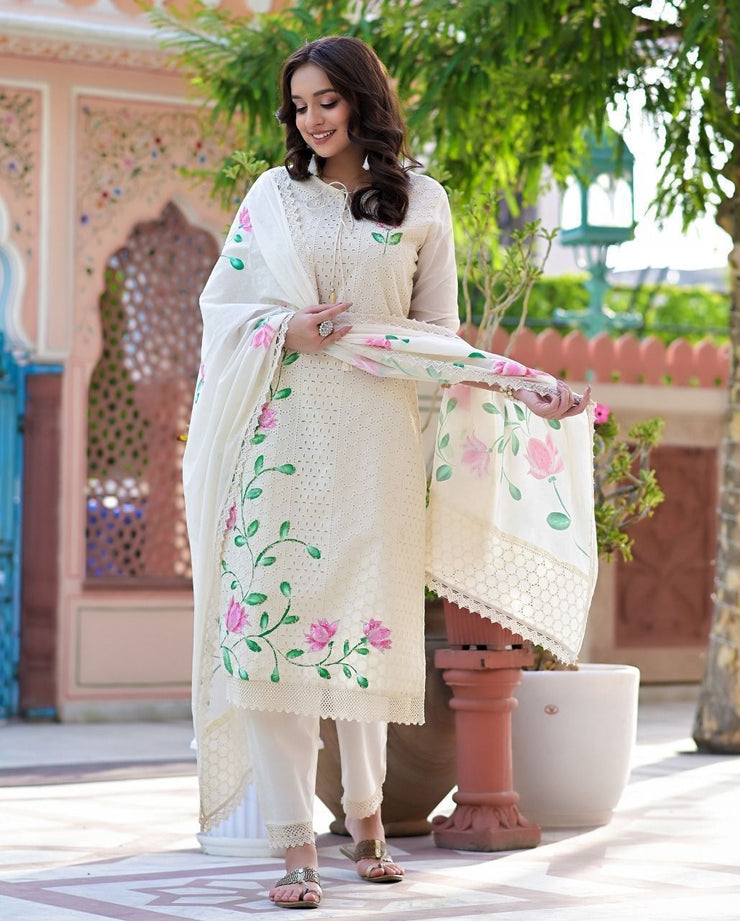 Cotton fabric with hand printed kurti, Pant and mulmul Dupatta