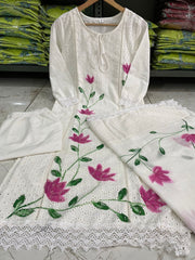 Cotton fabric with hand printed kurti, Pant and mulmul Dupatta