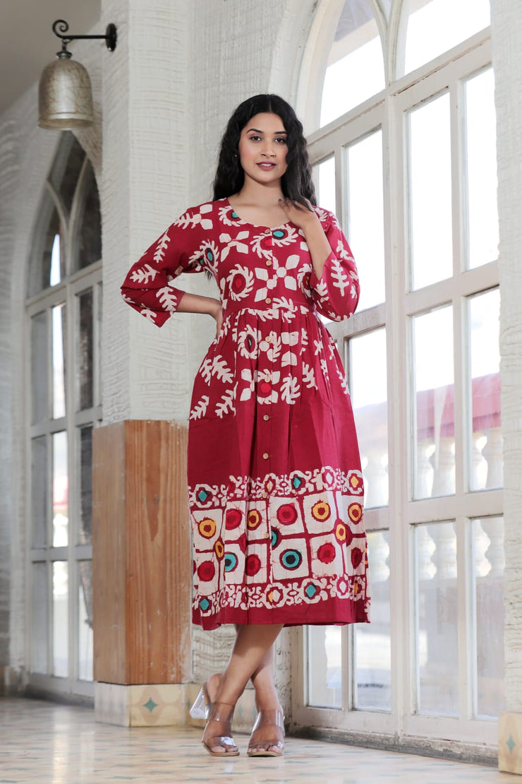 Red Hand Block Printed Long One Piece Dress