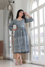 Grey Hand Block Printed Long One Piece Dress