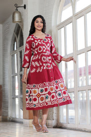 Red Hand Block Printed Long One Piece Dress