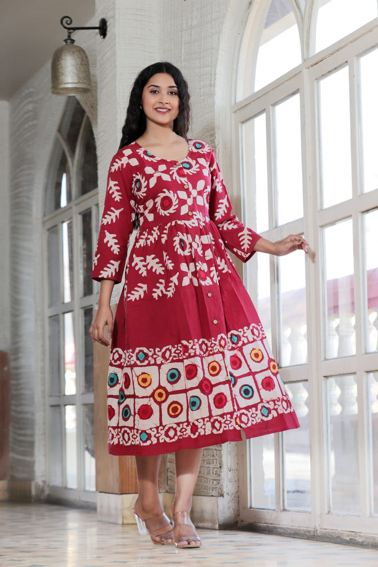 Brick Red Hand Block Printed Long One Piece Dress